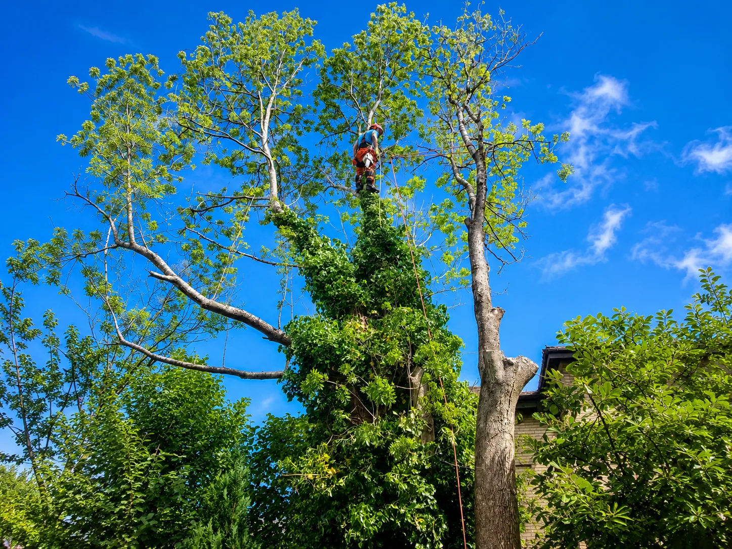 Tree surgeon carrying out controlled ash tree removal from the canopy