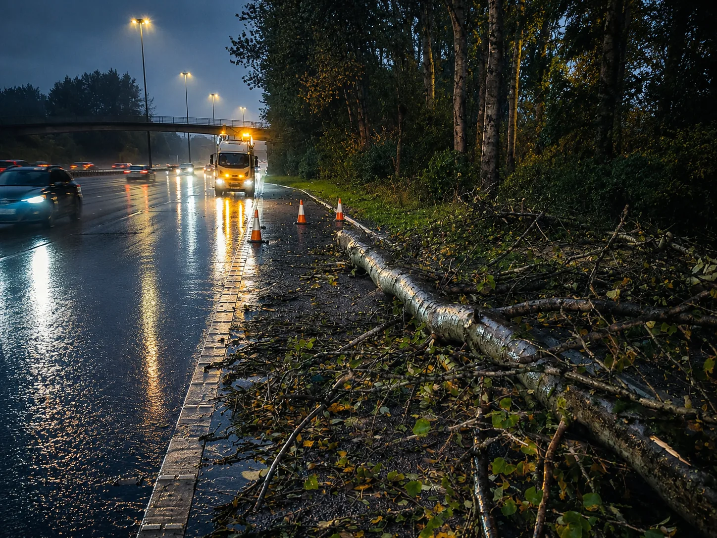 Storm-damaged tree being cleared from the M74 roadside in wet night conditions